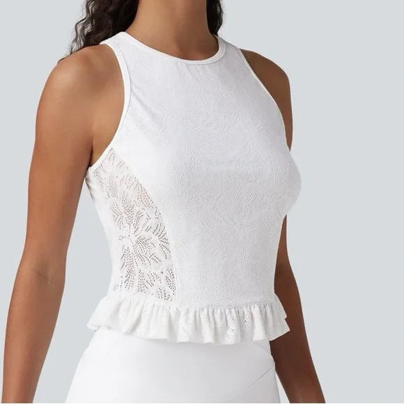 NWT HALARA Round Neck Ruffle Hem White Top - Picture 1 of 8